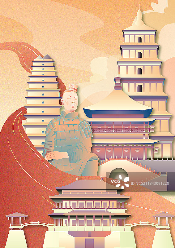 西安国潮中国风城市建筑竖版无字图片素材