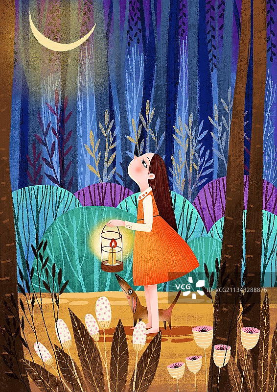 人物插画系列-树林里提着灯笼的红裙子女孩图片素材
