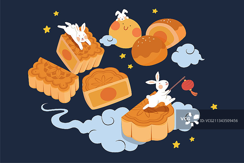 美味月饼与玉兔漂浮在空中扁平插图图片素材