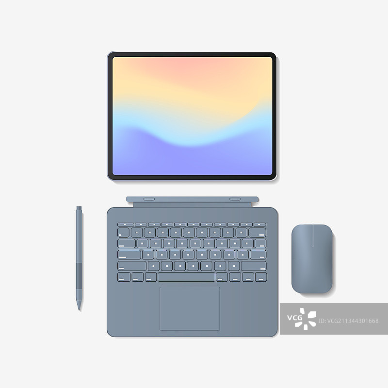 现代平板电脑，键盘，鼠标，笔和图片素材