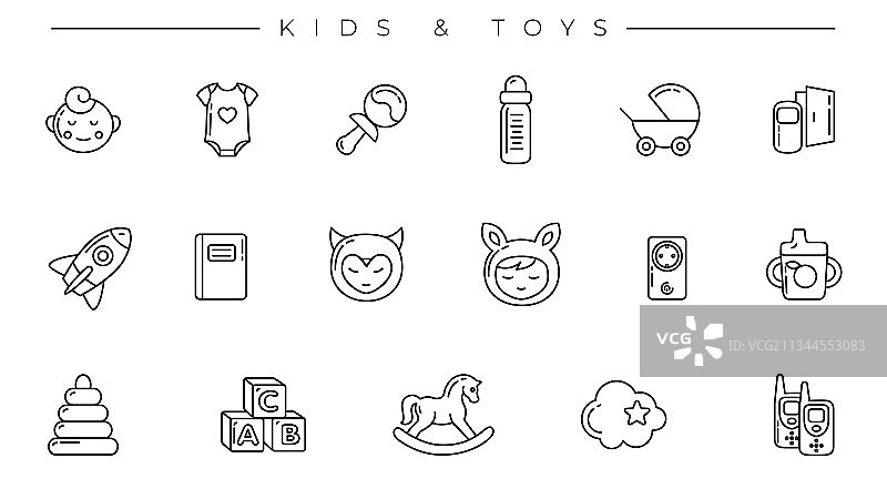 儿童和玩具概念线风格图标设置图片素材