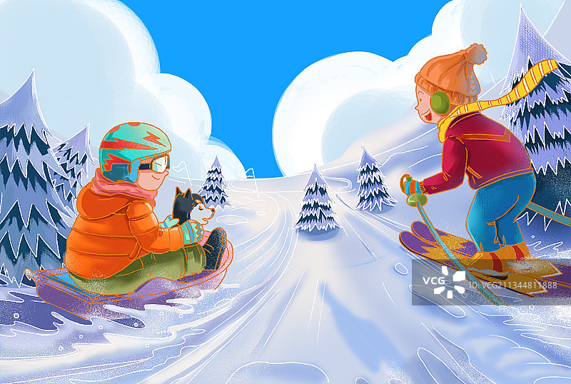 二十四节气节日北方滑雪娱乐下雪天游戏男孩锻炼身体快乐插画图片素材