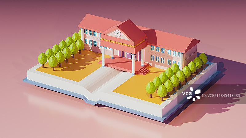 3D卡通风格学校教学楼图书馆插画图片素材