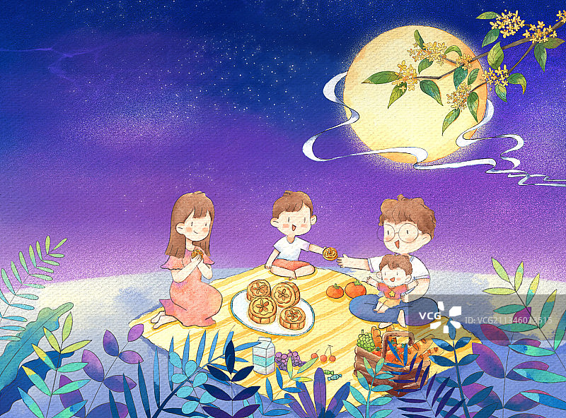 中秋节一家人吃月饼插图图片素材