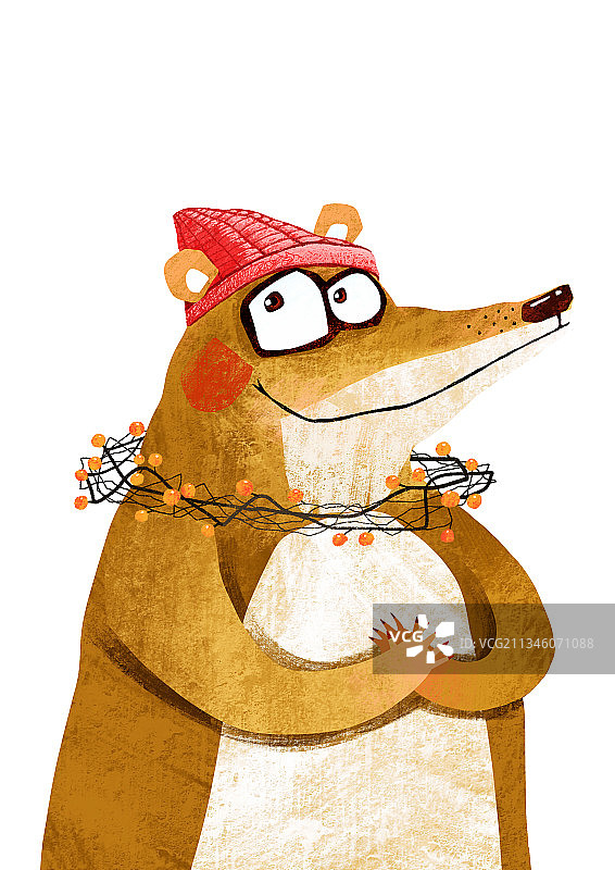 儿童插画扁平动物风格-带着圣诞帽的熊图片素材