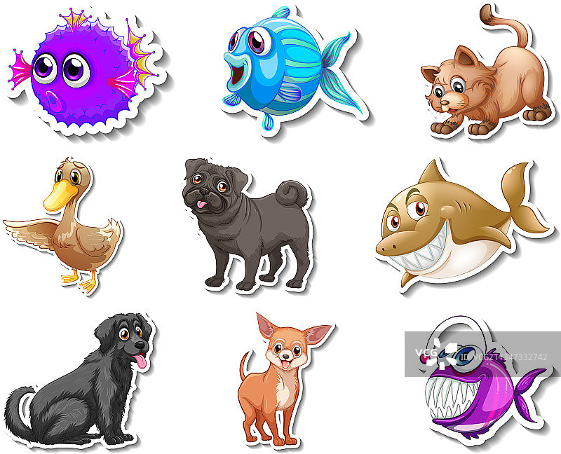 集贴纸与海洋动物和狗的卡通图片素材