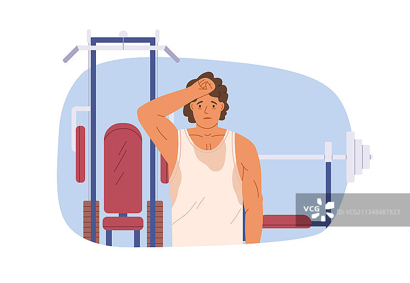 疲惫不堪、汗流浃背的男人在健身房锻炼后图片素材
