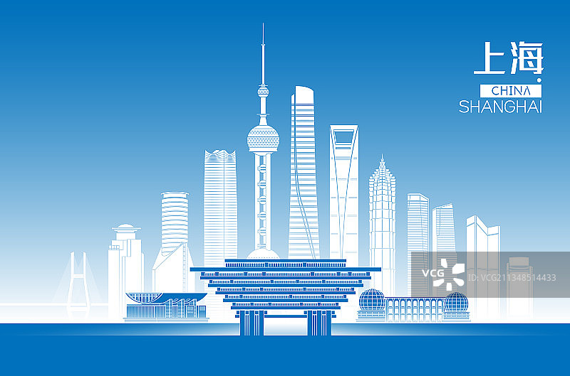 上海城市建筑群天际线矢量插画海报图片素材