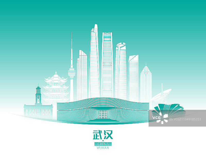 武汉城市建筑群天际线矢量插画海报图片素材