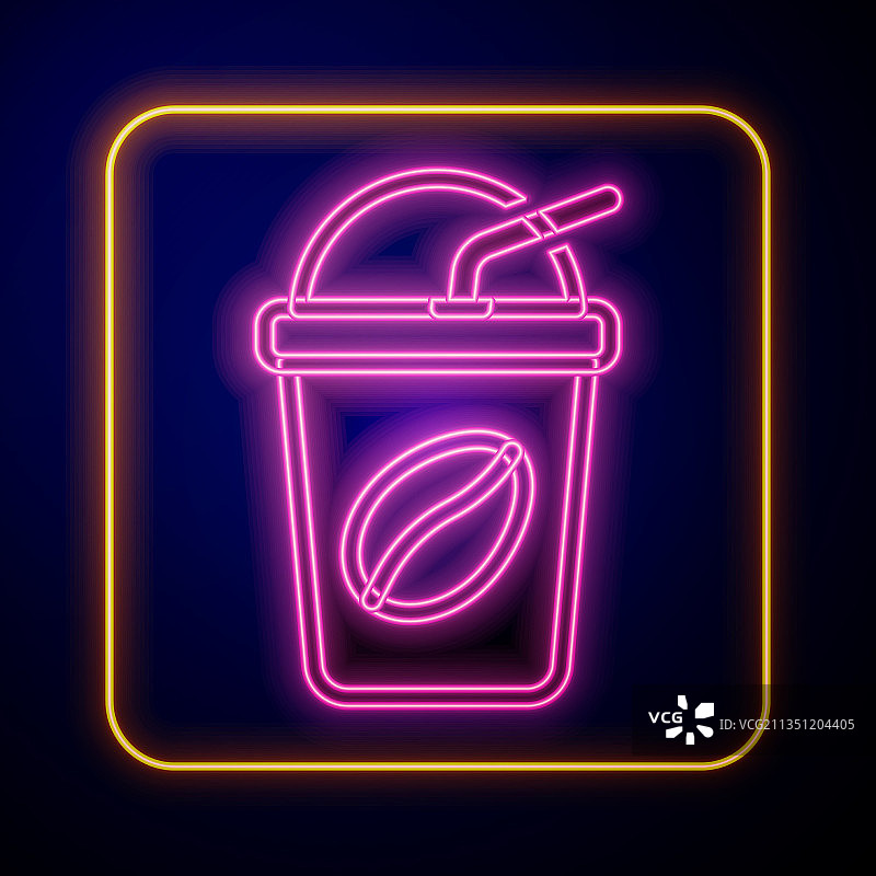 发光的霓虹灯冰咖啡图标孤立在黑色图片素材