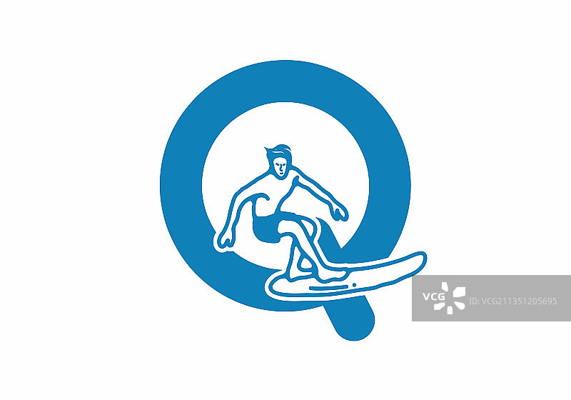 男子冲浪线艺术与q首字母图片素材