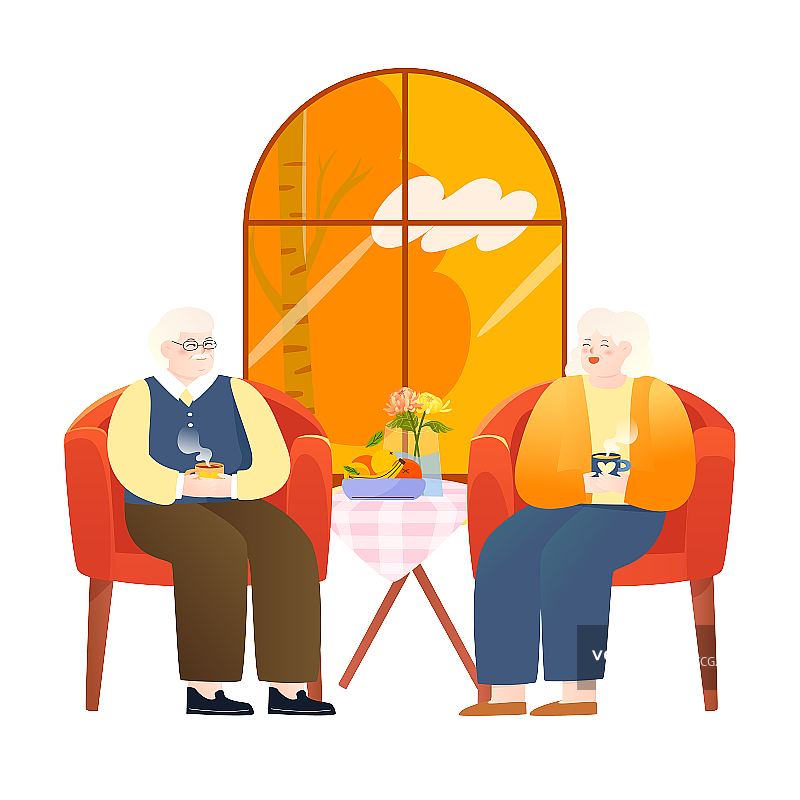 老年夫妇坐在窗户前喝茶人物矢量插画元素图片素材