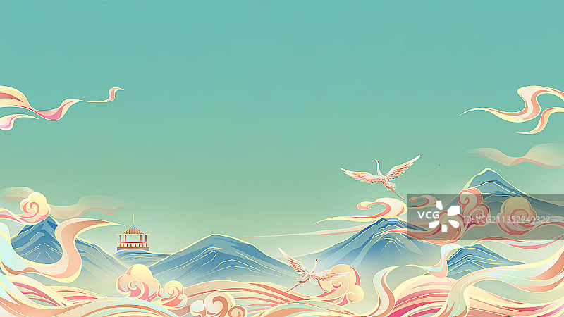 祥云环绕的群山与古亭与仙鹤插画图片素材