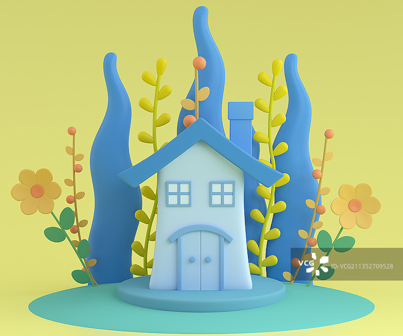 3d渲染的卡通小房子植物背景图片素材