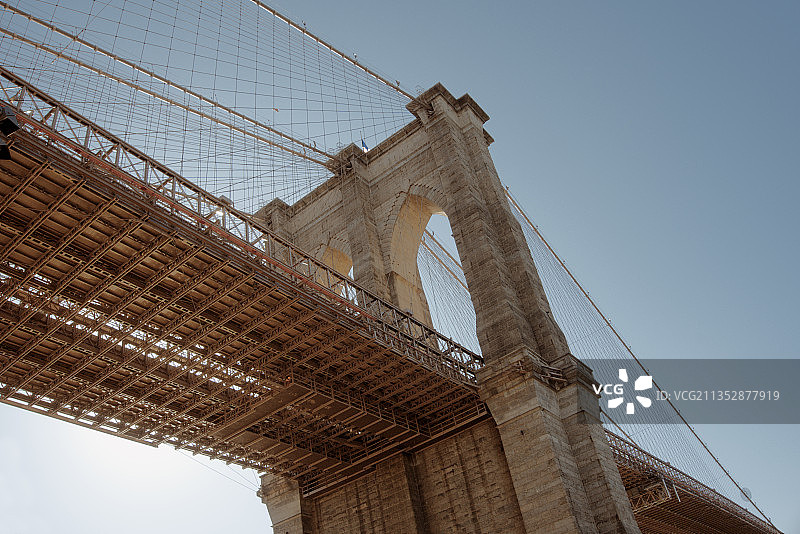 蓝色天空下布鲁克林大桥的低角度视图图片素材