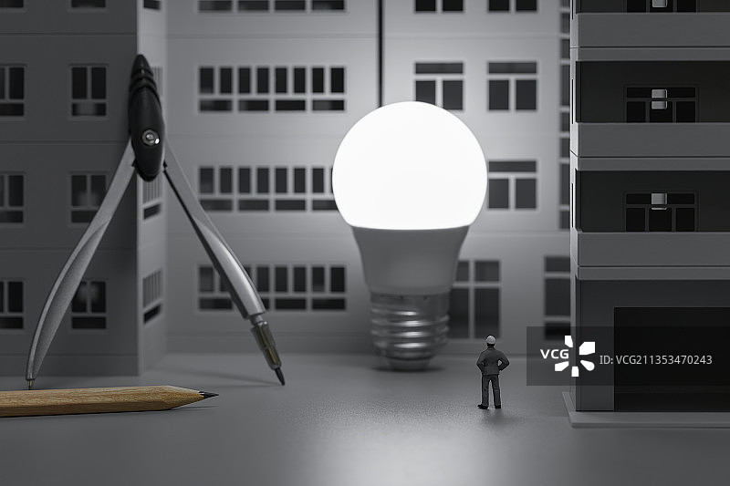 微缩创意城市灯泡电力建筑工人工程师设计图片素材