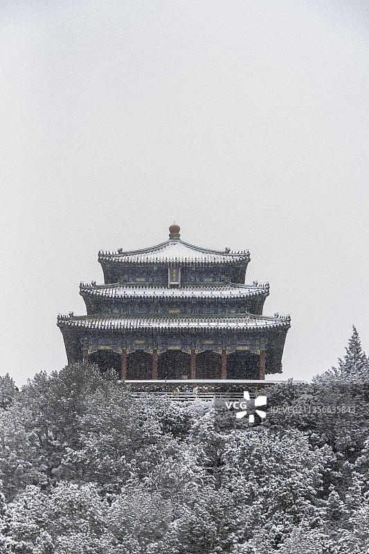 从故宫神武门遥看风雪中的景山公园万春亭图片素材