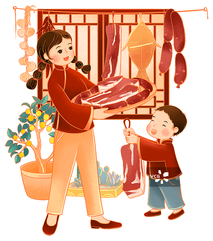 中国传统年俗腊月二十六割年肉插画图片素材