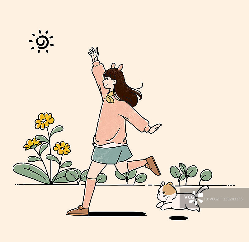 清新可爱插画一个女孩和猫在跑步图片素材