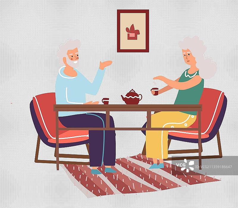 正在饮茶的爷爷和奶奶图片素材