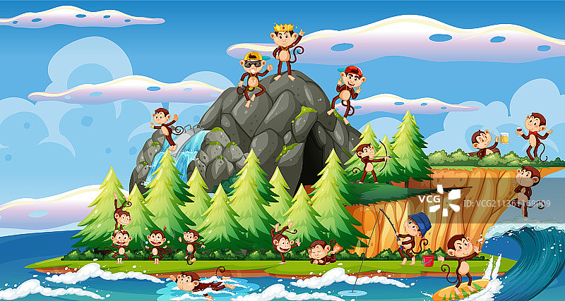 岛上的场景有许多猴子卡通人物图片素材