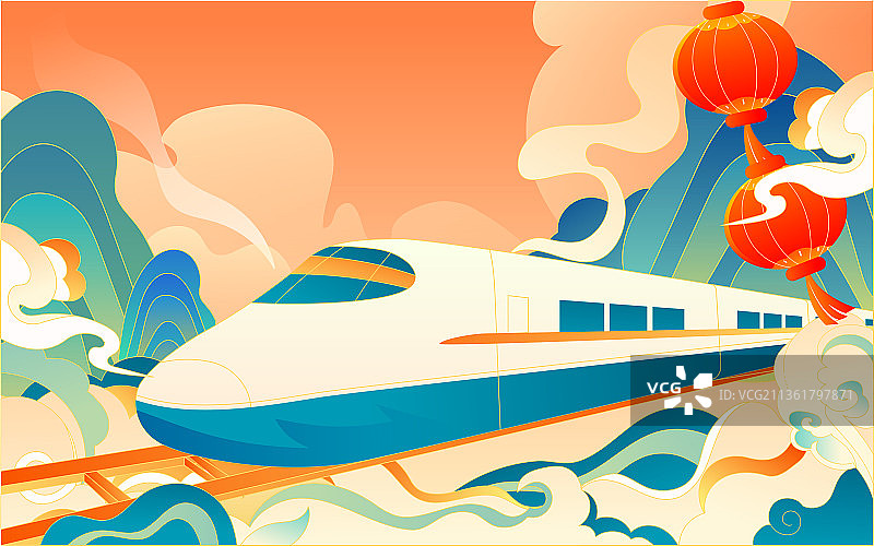国潮高铁出行回家插画过年春运返程背景海报图片素材