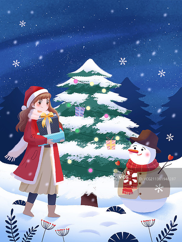 圣诞节雪地里雪人狂欢送礼物手绘插画图片素材