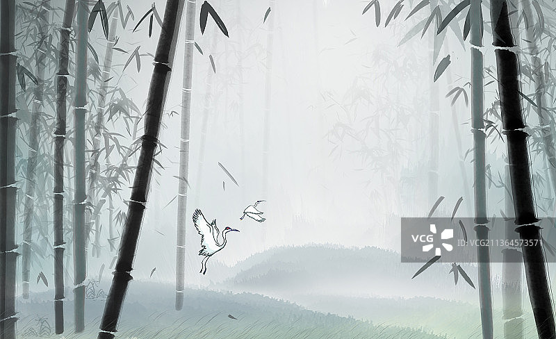 中国风空旷的竹林和飞鸟插画背景图片素材