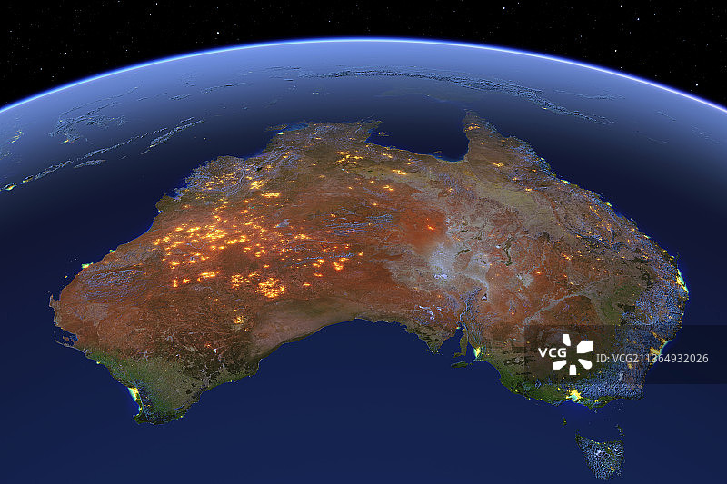 澳大利亚，地球上的夜晚灯光与地形起伏图片素材