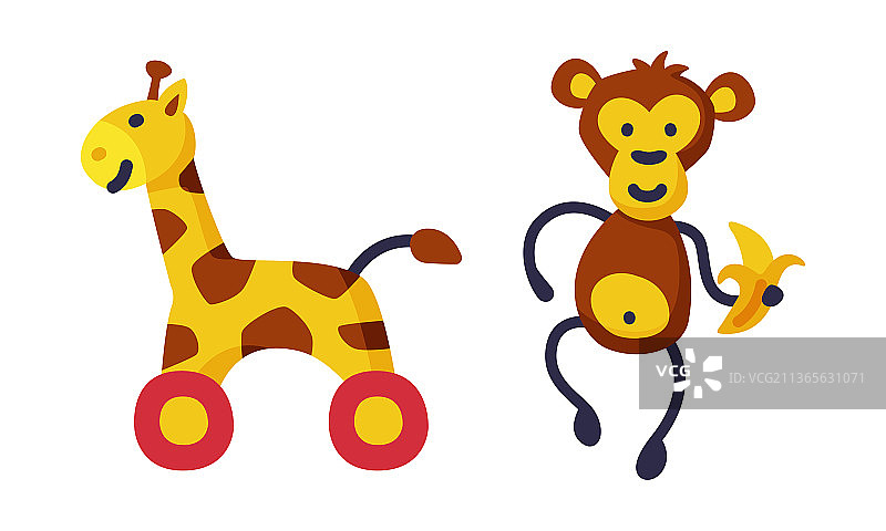 猴子和长颈鹿作为五颜六色的儿童玩具套装图片素材
