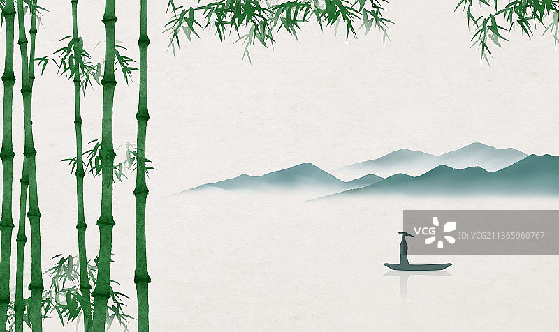 中式竹林游山玩水插画图片素材