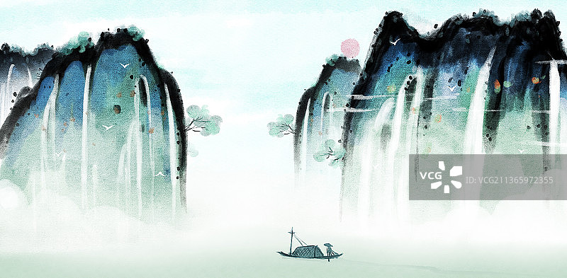 水彩传统中国风春天风景插画图片素材