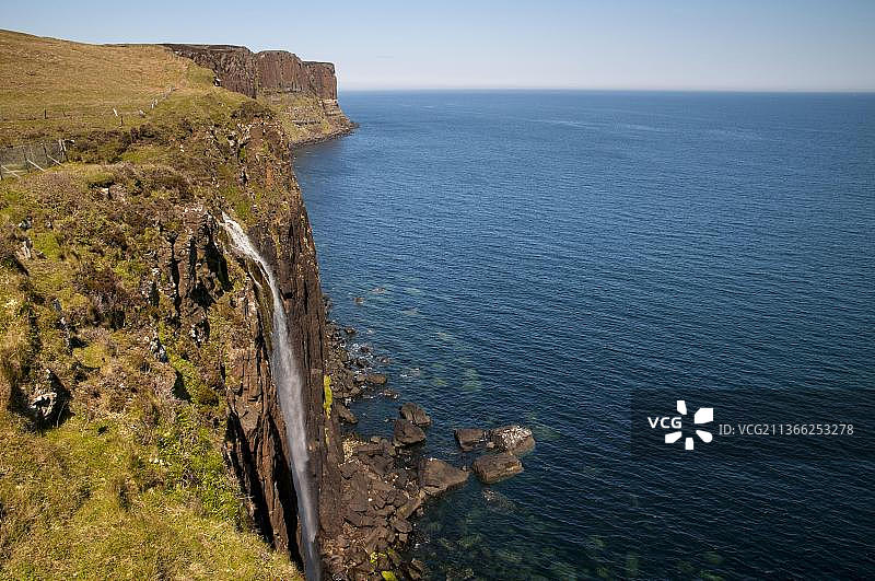 海岸线上的瀑布从悬崖上飞入大海，Kilt岩在背景中，Mealt瀑布，靠近Raasay海湾，Trotternish半岛，Skye岛，内赫布里底群岛，苏格兰，英国，欧洲图片素材