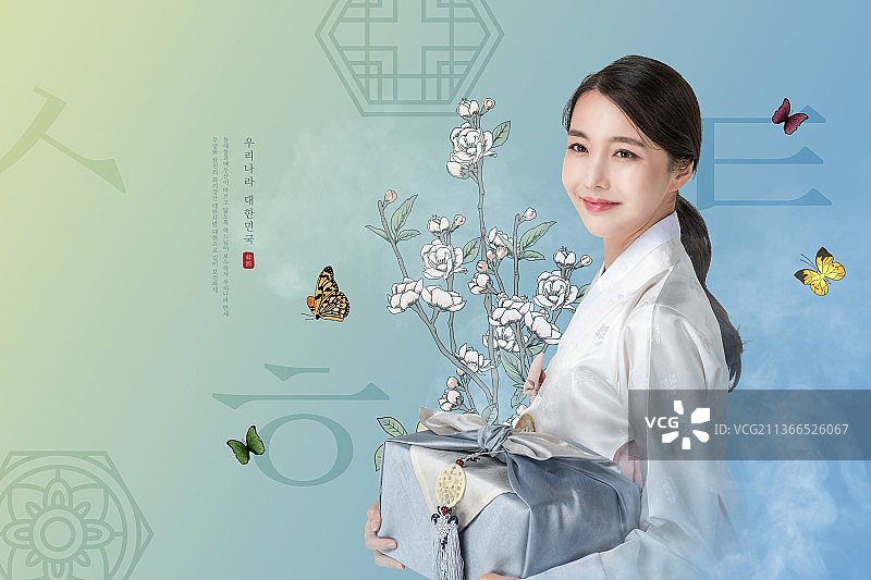 彩色的韩国新年海报，韩国模特和韩服图片素材
