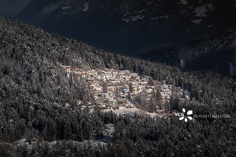 瑞士拉克斯，冬季高角度的树木景观图片素材