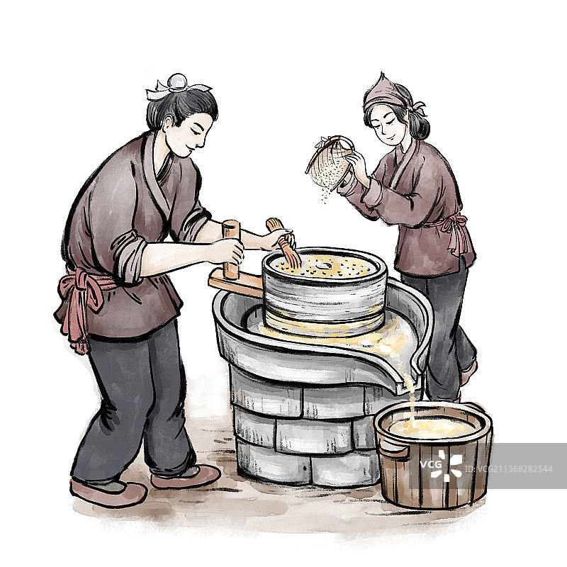 传统手工艺石磨豆浆插画图片素材