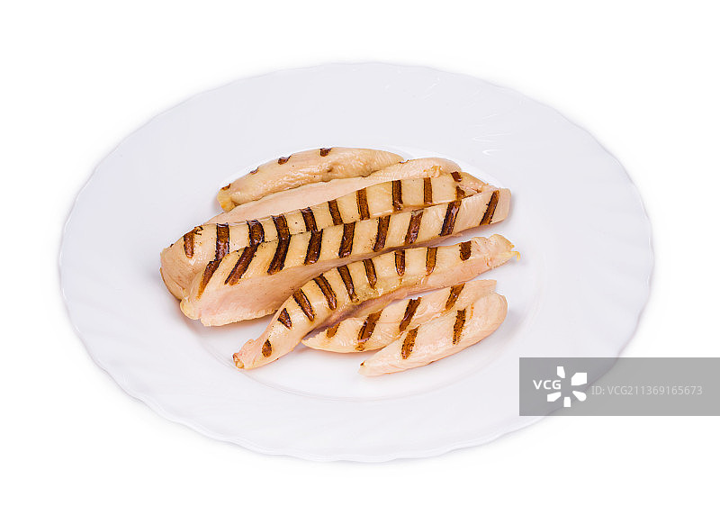 烤鸡胸脯肉，白色背景的盘子上面包片的高角度视图，摩尔多瓦图片素材