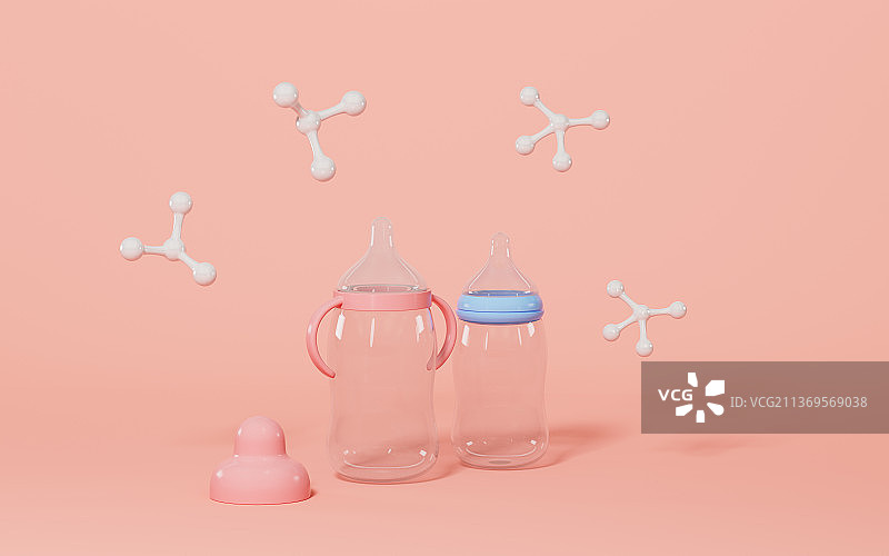 创意奶瓶与分子模型3D渲染图片素材