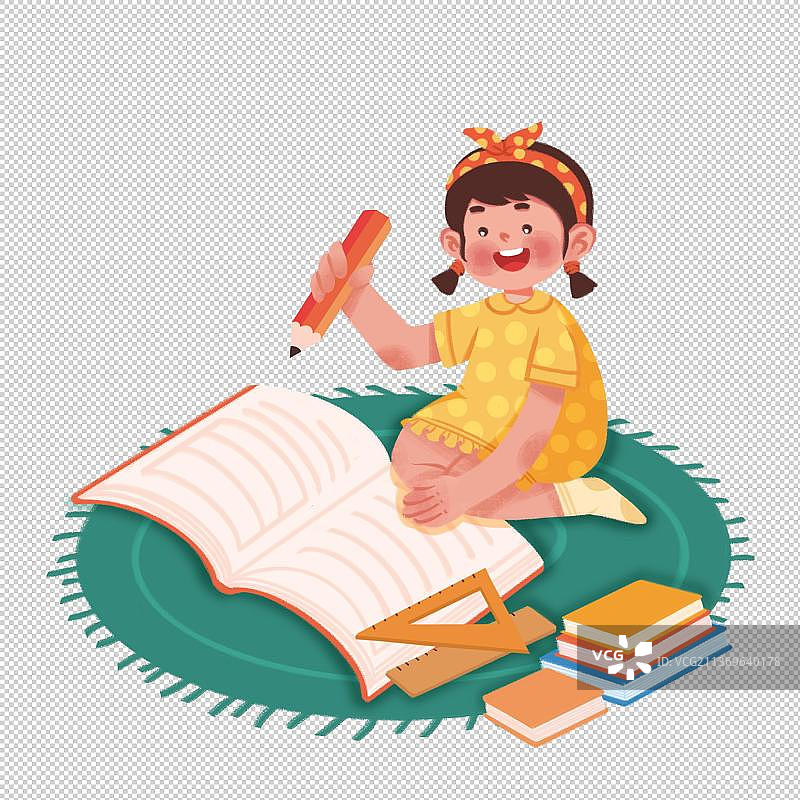 可爱的小女孩地毯上在看书写字图片素材