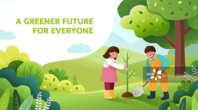 植树节质感插图横幅 儿童斉种树守护生态图片素材