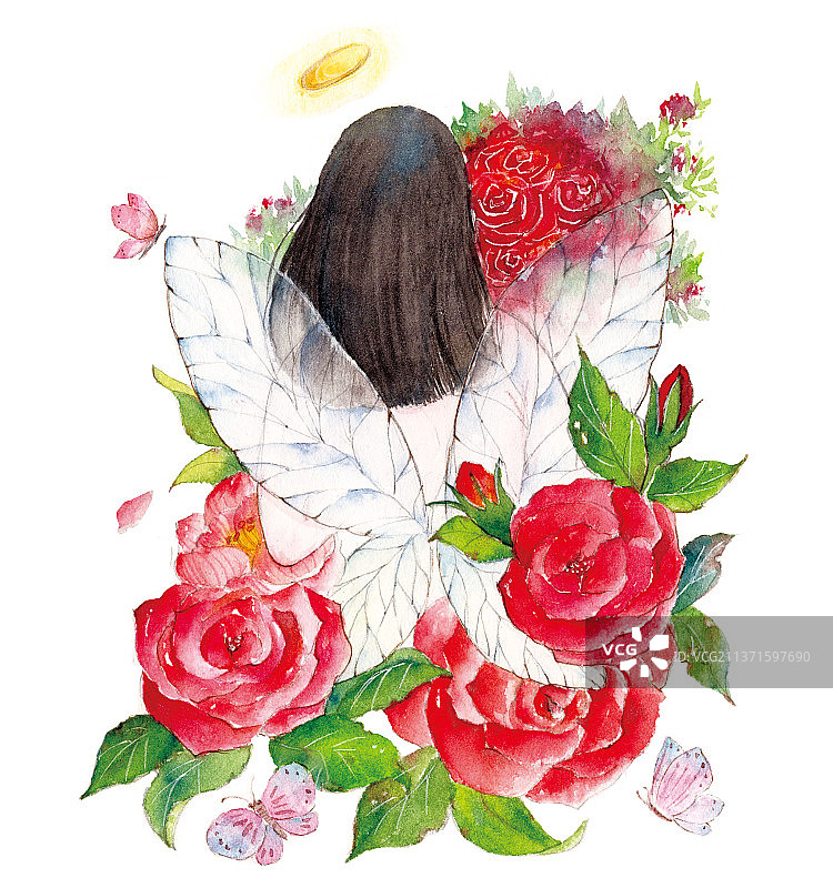 水彩手绘玫瑰情人节少女图片素材