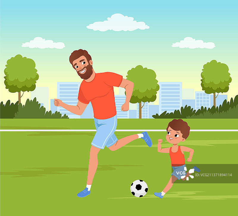 快乐的大胡子爸爸和他的儿子在踢足球图片素材