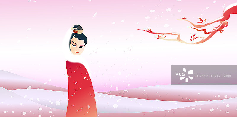 冰雪天寒梅绽放一美女立于雪原之中的中国风插画图片素材