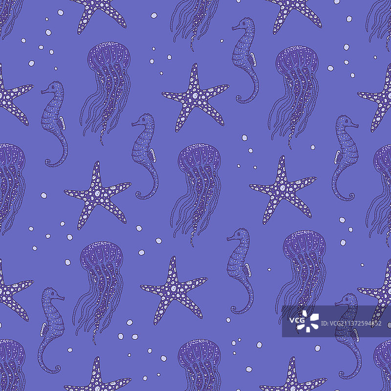 无缝图案的蓝色海马水母和图片素材