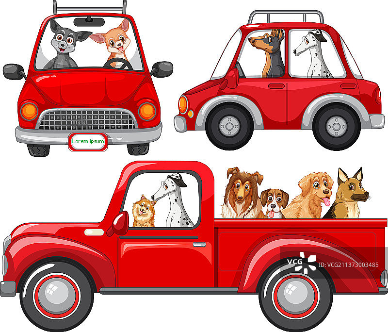 狗在不同的红色汽车设置图片素材