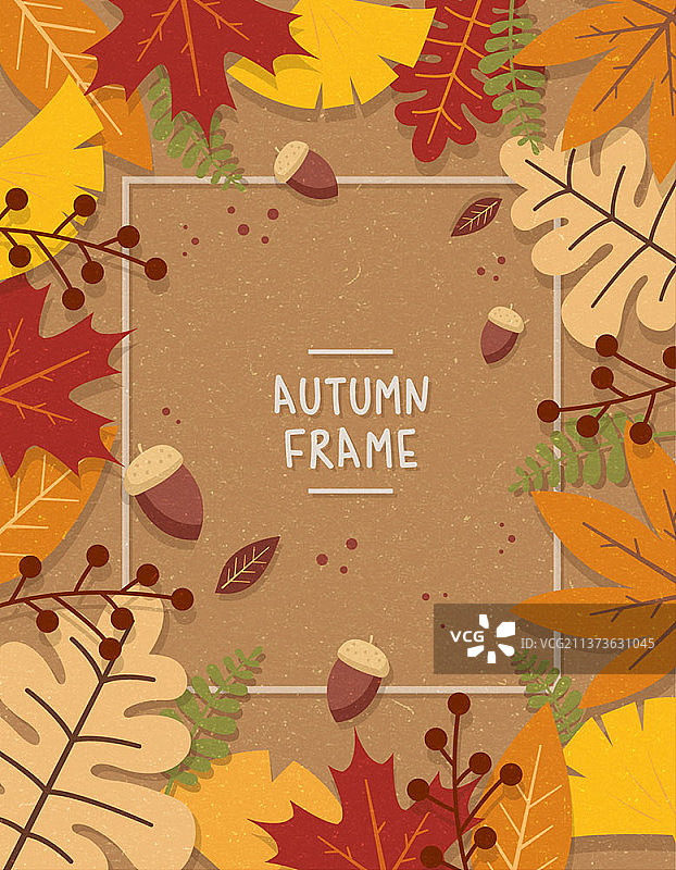 向量的方形框架在秋天的背景与树叶和橡子图片素材