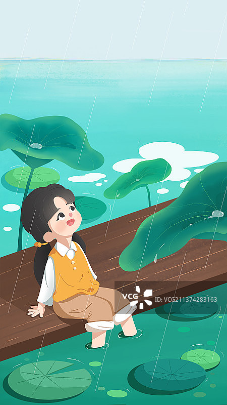下雨天女孩坐在有有荷叶的湖边图片素材