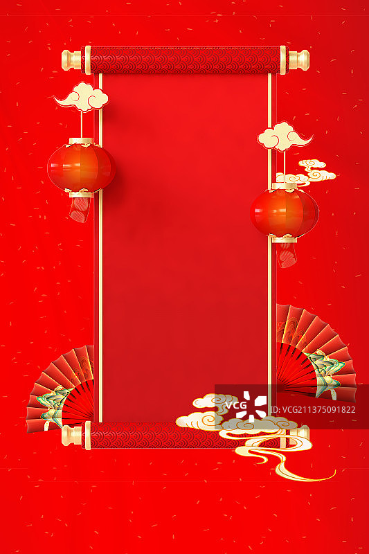 春节挂联灯笼扇子祥云国潮红色背景图片素材