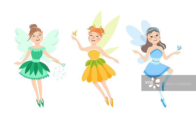一组快乐的小女孩精灵穿着五颜六色的衣服图片素材