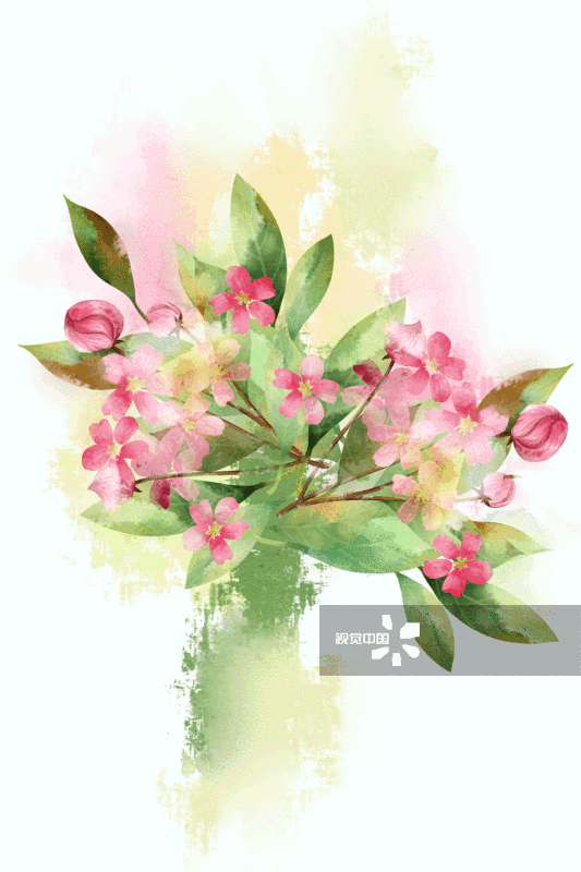 中国风水彩海棠花植物插画元素-GIF动图图片素材